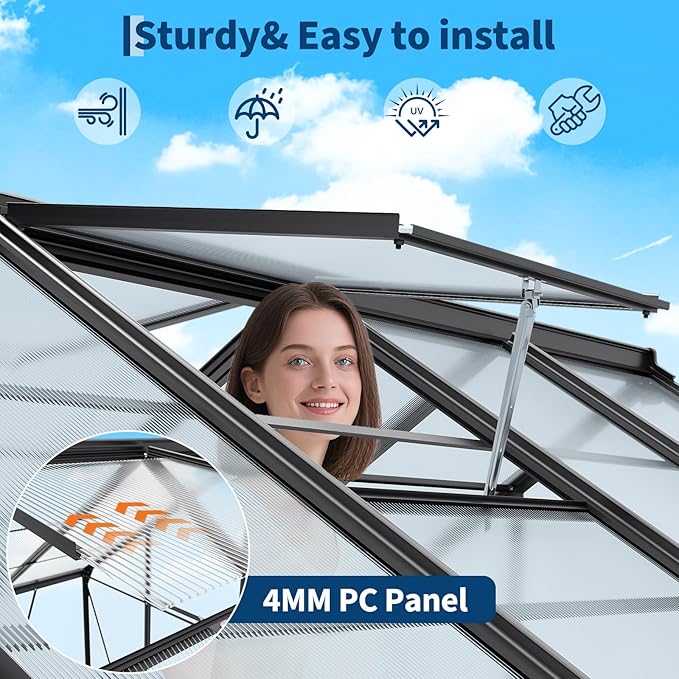 6x6 FT Outdoor Walk-in Greenhouse,All-Season Polycarbonate Garden Greenhouse with Reinforced Aluminum Frame, Roof Vent, Lockable Door & Easy Setup – Includes Ground Nails & Drainage(Black)