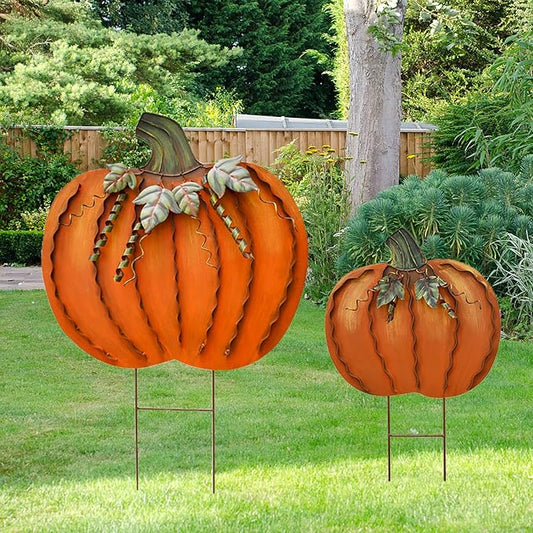 Metal Pumpkin Garden Stakes - Autumn Decorative Yard Signs - Indoor Outdoor Plant Flower Stake Fall Lawn Ornaments Pumpkin Decoration for Harvest Halloween (17.5"+26"-A)