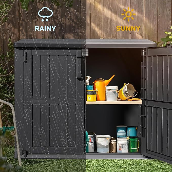 DWVO Tool Storage Shed, Storage for Bakcyard, Patio, and Garden, Resin Plastic Shed with Sloped Lid, Lockable Door, and Wood Grain Finish, Black