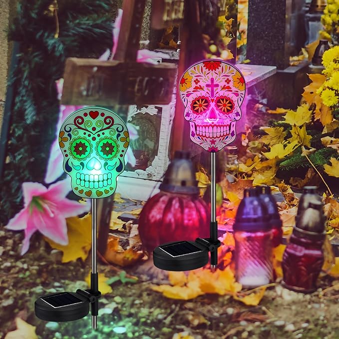 Retisee 4 Pack Day of The Dead Sugar Skull Solar Lights with Stakes Outdoors Skull Solar Yard Decorations Waterproof Lights for Halloween Outdoor Garden Lawn Patio Porch Pathway Decor Favors