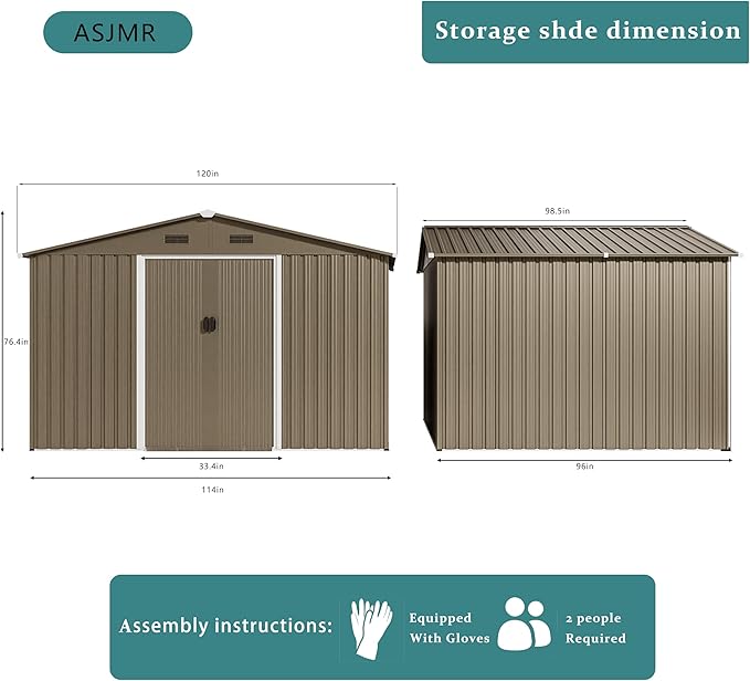 10FT x 8FT Outdoor Storage Shed, Waterproof Lockable Door Metal Tool Shed with Sliding Door and Ventilation, Gardening Tool Storage Room, Metal Storage Shed for Gardens and Lawns
