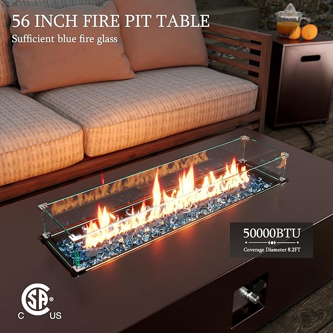 UPHA 56-inch Outdoor Propane Gas Fire Pit Table 50000 BTU Iron Rectangle Firepit for Outside Patio with Tank Hidden Table, Wind Guard, Removable Lid, Blue Glass Rocks, Rain Cover, Brown
