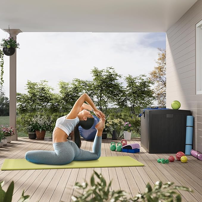 130 Gallon Outdoor Storage Box, Waterproof Deck Box, Lockable Storage Bin, Suitable for Patio Furniture, Pool Accessories, Gardening Tool, Faux Wood Grain Black