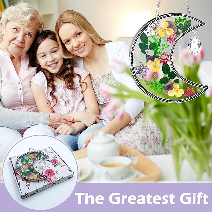 KY&BOSAM Crystal Moon Suncatchers Gifts for Mom Family Friends Stained Glass for Windows Wind Chimes Real Flower Colorful Crystal Outdoor for Garden Indoor Home Trees Patio Yard Porch Decor