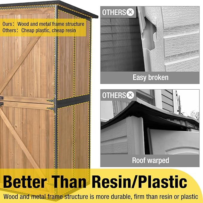 Aivituvin Storage Shed Outdoor Storage Cabinet Upgraded with All Arounded Metal Frame, Wooden Floor and Adjustable Shevels 55" L x 29" W x 67" H, Brown