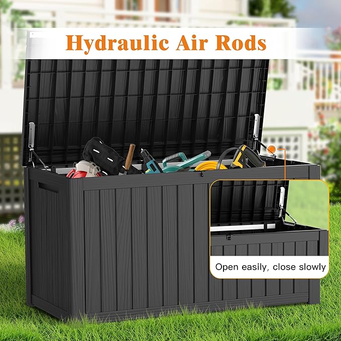 180 Gallon Outdoor Storage Box, Waterproof Deck Box with Handles and Lockable Lid, Resin Patio Storage Box with Hydraulic Rods for Garden Tools, Cushions, Black