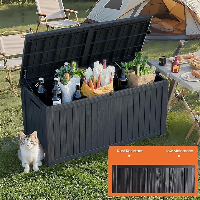 180 Gallon Outdoor Storage Box - Waterproof Resin Deck Box for Patio Cushions & Garden Tools - Lockable & Durable Outdoor Storage Bin - Sleek Black Design