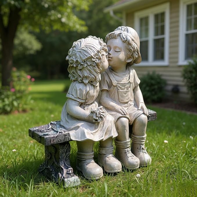 Boy and Girls Statues Outdoor Decorative for Garden, Fisrt Kiss Yard Statue for Patio Porch Lawn Bookshelf Decor, Couple Garden Sculpture, 8 1/4" L x 4 3/4" W x 9" H