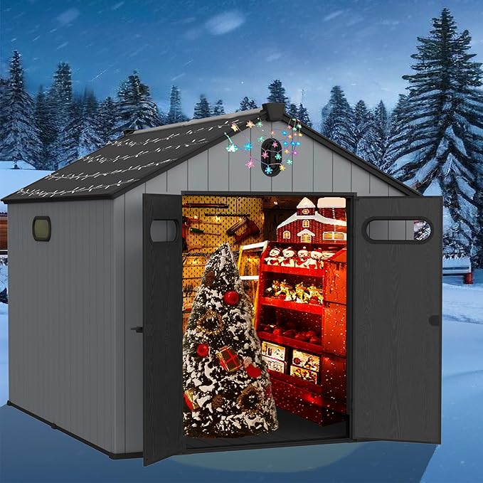 8x10 FT Outdoor Storage Shed with Hinge Door,Window & Air Vent,Outdoor Plastic Tool House W/Waterproof Tilted Roof,Heavy Duty Stroage Unit for Backyard,Patio,Lawn,Garden,Grey+Black