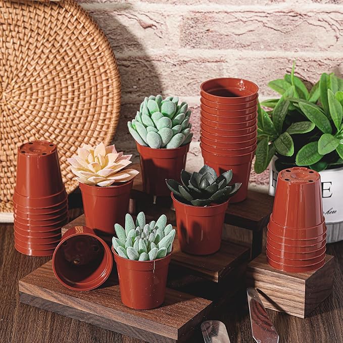 Yaomiao 200 Pcs 2 Inch Red Mini Plastic Plant Pot Nursery Seedling Pots Seed Starter with Drainage Holes for Indoor Outdoor Garden Succulent Plants Cuttings Transplanting