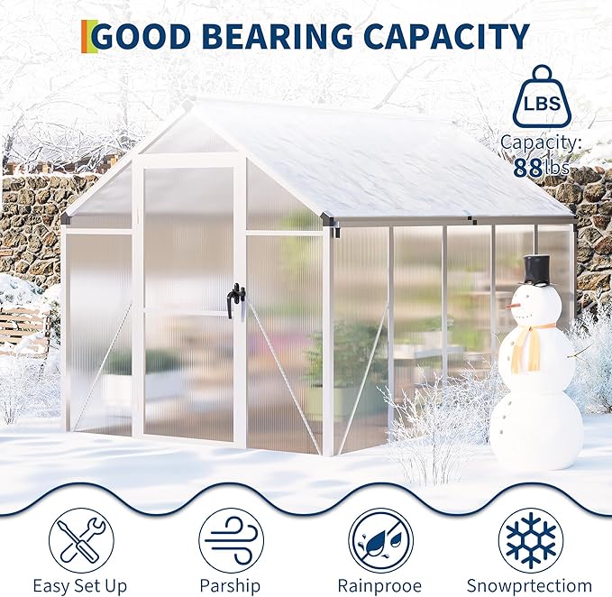 6x10 FT Greenhouse, Easy Assembly Aluminum Polycarbonate Greenhouses for Outdoors with Roof Vent and Ground Nails, Heavy Duty Aluminum Walk-in Greenhouse for Backyard, Sliding Lockable Door, Silver