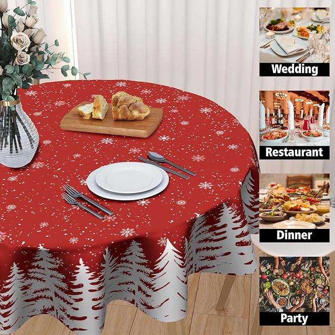 Giwawa Xmas Round Tablecloth 60 Inch, Farmhouse Red White Pine Trees Snowflakes Festive Washable Polyester Table Cover for Picnic Dinner Kitchen Winter Seasonal Holiday Party Decoration