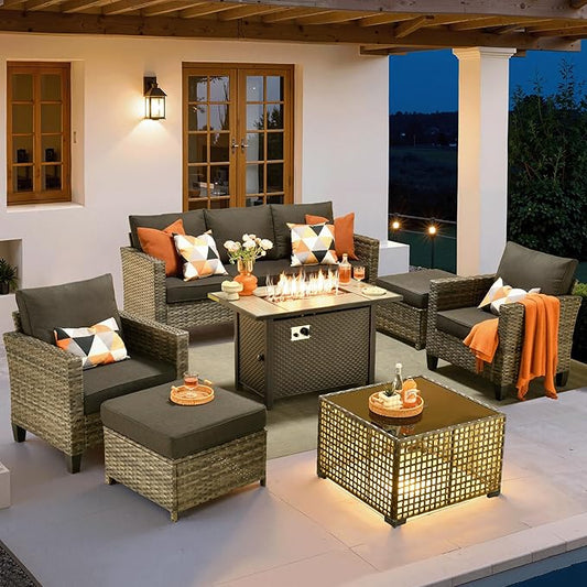 ovios 7 Pieces Patio Furniture Set with 42" Fire Pit Table, Outdoor Sofa Couch with Solar Lights Table Comfy Cushions, Modern Deep Seat Wicker Rattan Conversation Set, Black