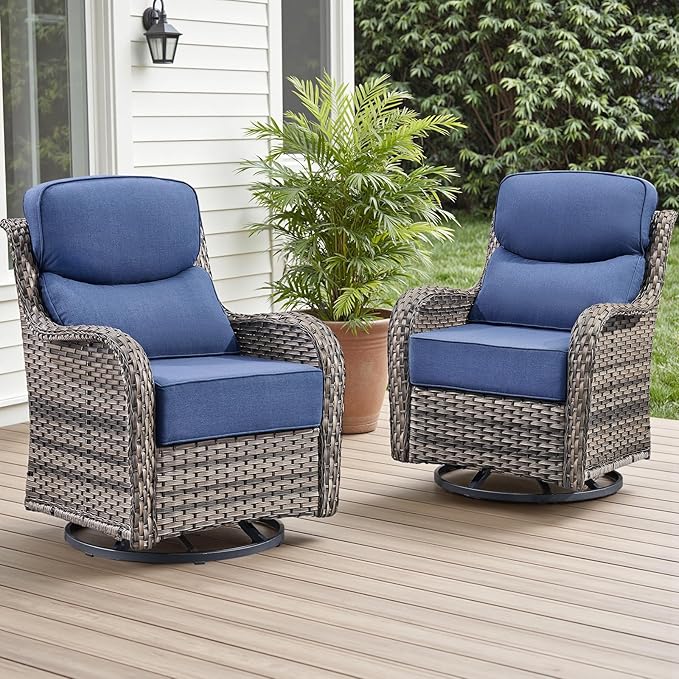 Outdoor Patio Swivel Rocker Chairs Set of 2, Waterproof Wicker, High Back, Deep Seating, Wide Armrest, Upgraded 6 inch Thick Cushions, Ideal for Deck Porch Backyard, Mixed Grey/Blue