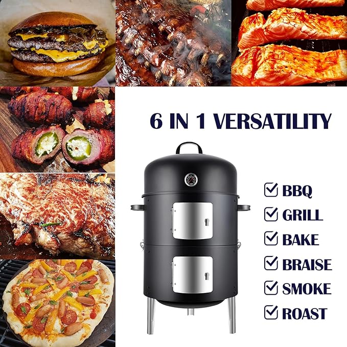 Realcook Vertical Charcoal Smoker Grill: Premium Meat BBQ Smokers with Thermometer - Charcoal Barbecue Grill Combo for Patio Backyard Grilling Outdoor Cooking Tailgating