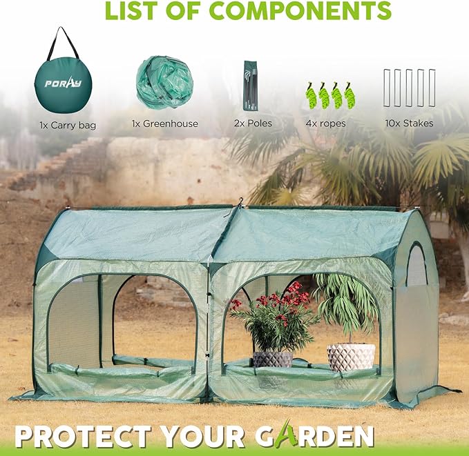 Pop up Greenhouse Tent Cover Tunnel Plant House,Large Gardening Flower Sunshine Room with Mesh Windows,Backyard PE Greenhouse Cover for Cold Frost Protector with Stakes and Rope Guys