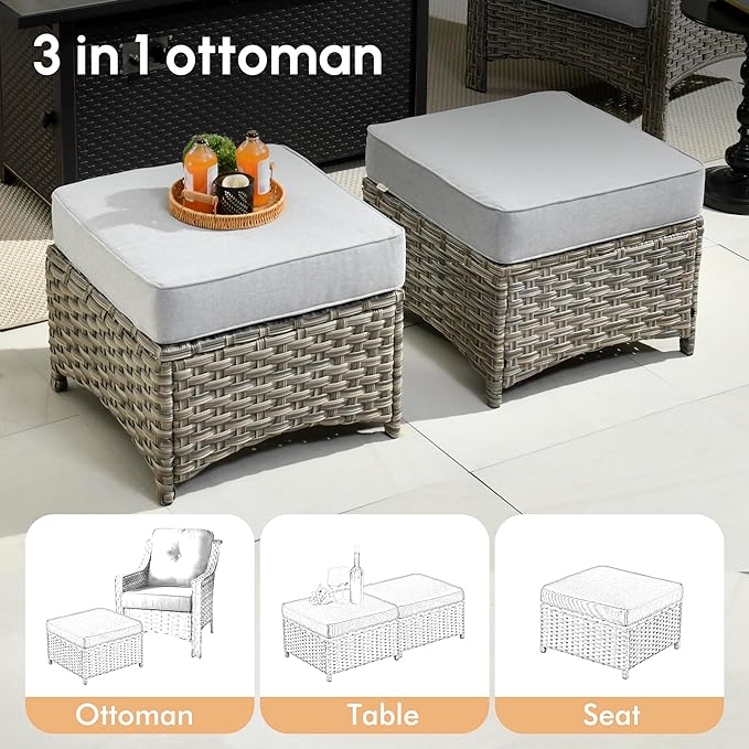 6 Pieces Patio Outdoor Furniture Set,All Weather Wicker Rattan Patio Seating Sofa and Chair Set w/Ottoman and Glowing Coffee Table,Outdoor Conversation Sets for Deck Yard Garden,Grey