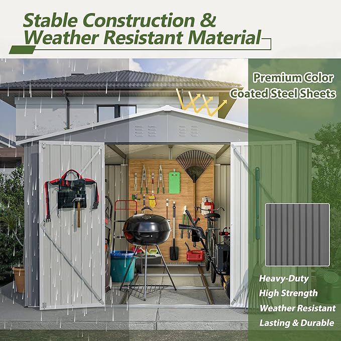 10×10 FT Outdoor Storage Shed,Metal Aluminum Waterproof Tool Sheds with Foundation,Doors & Vents,Heavy-Duty Sheds Unit W/Lock & Key,for Storing Bicycles,Lawnmowers,Barbeques,Gray