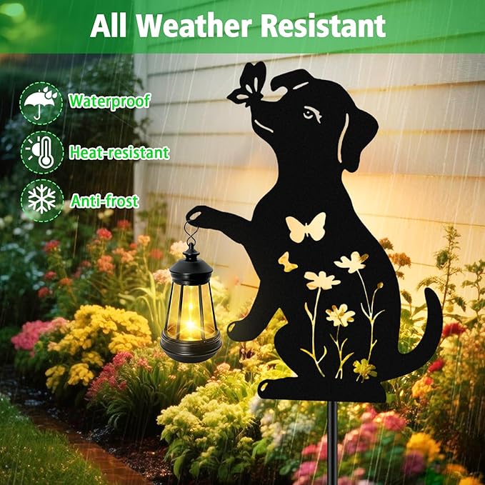 Solar Lights Outdoor, 2 Pack Metal Dog Solar Lights, Birthday Gifts for Women Mom Mother's Day Christmas, Waterproof Metal Hanging Lantern Stakes Garden Decor Outside Patio Yard Pathway Backyard,Lawn