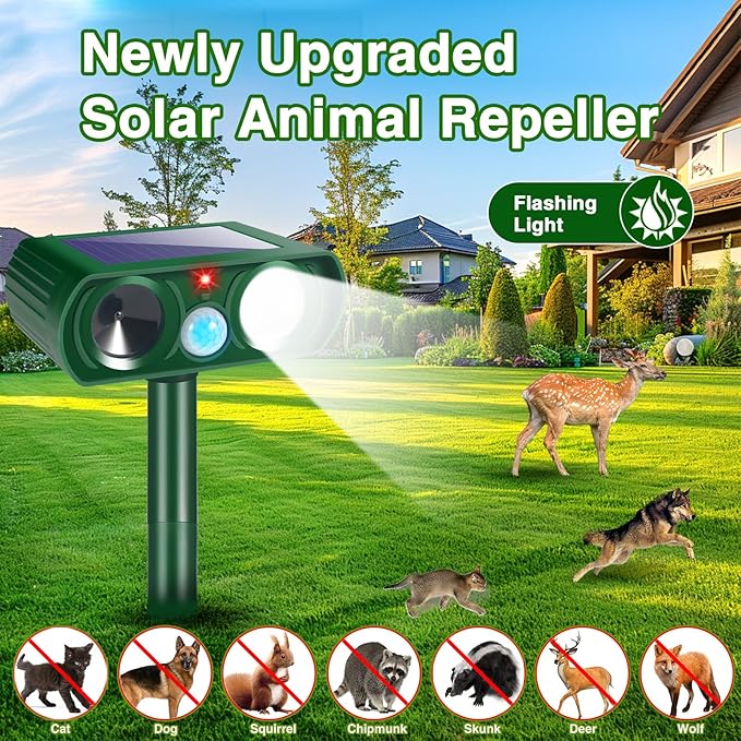 4Pack Solar Ultrasonic Animal Repellent Outdoor Deer Repellent Devices with Motion Detection&Flash Light Dog Raccoon Cat Deterrent,Keep Rodent Chipmunk Squirrel Rabbit Away for Yard Garden