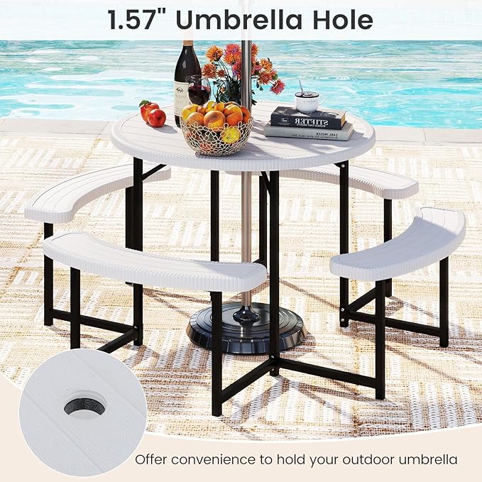 Tangkula 8 Person Picnic Table, HDPE Outdoor Round Table and Bench Set with 4 Built-in Benches, Umbrella Hole, Metal Frame for Garden Yard Patio Lawn