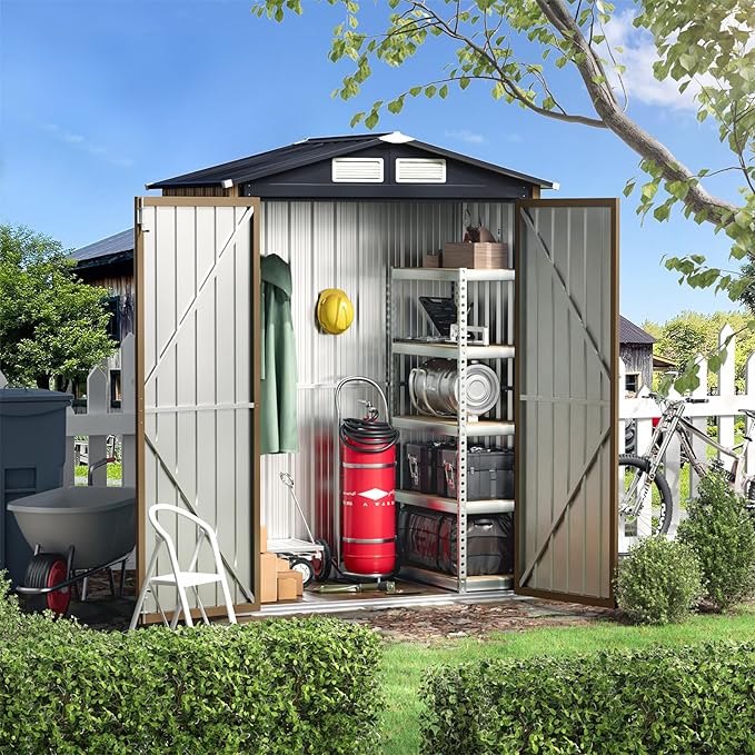 3X5FT Outdoor Steel Storage Shed with Lockable Doors, One Window,Ideal for Garden, Backyard, Patio Storage,Brown