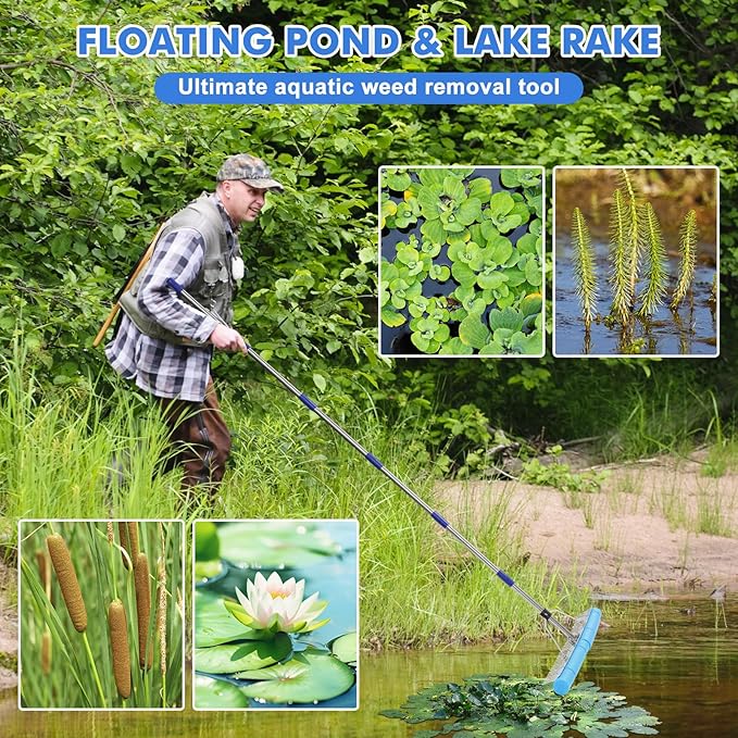 Landscape Rake, 78 Inch Adjustable Lightweight Pond Rake 36" Width Aluminum for Removing Weeds, Leaves, Beautifying Coastlines and Beaches