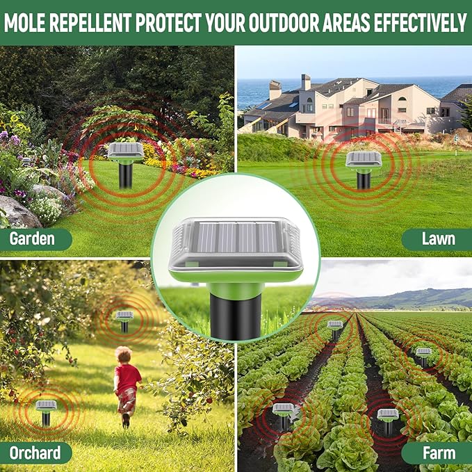 Mole Repellent Solar Powered,2025 Upgraded Vole Repellent Ultrasonic Solar Powered,Mole Repeller Outdoor for Lawns Garden Yard,Gopher Trap Killer for Gopher,Squirrel(2 Pack)