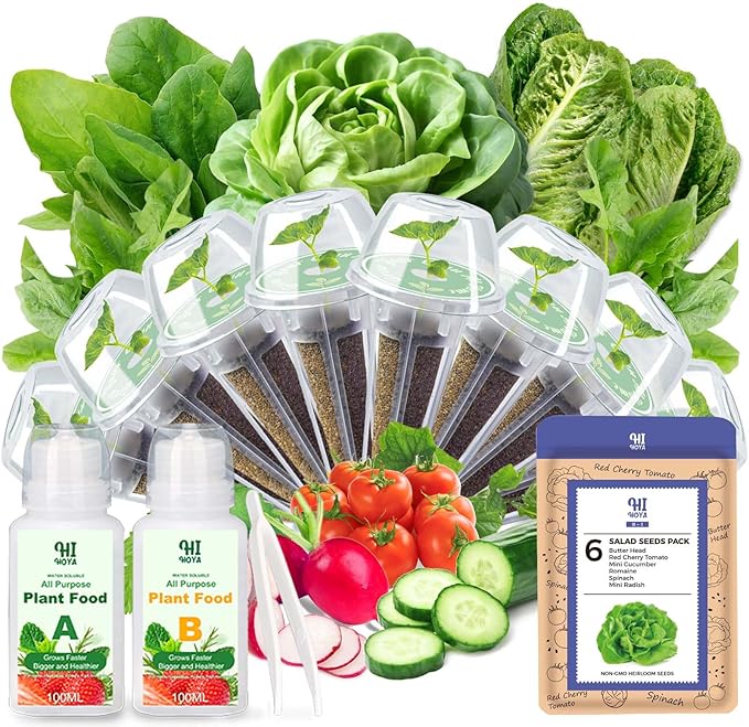 Salad Seed Pods, Grow Anything Kit for All Hydroponics Growing Systems, 8 Pods with 600+ Seeds of Red Cherry Tomato, Butter Head, Romaine, Spinach, Mini Cucumber and Radish