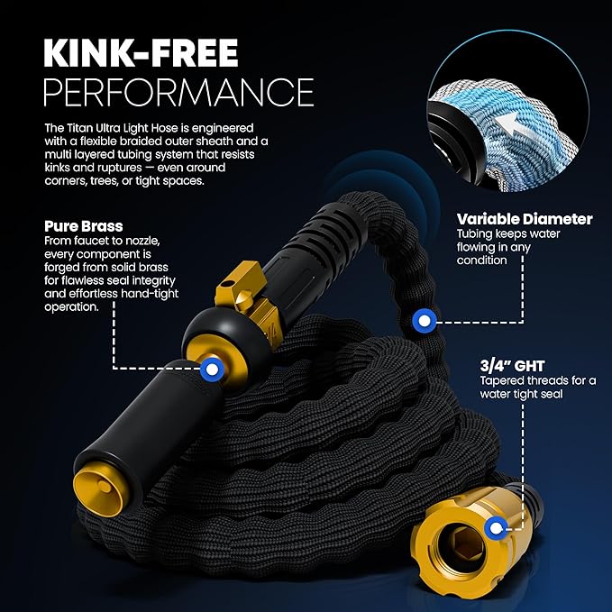 TITAN Flexible Garden Hose 30FT – Ultra Lightweight, Heavy Duty Water Hose with Brass Fittings & Jet Nozzle – Kink-Free, Non-Expanding, Durable Fabric Hose for Yard, Lawn, Car Wash, Outdoor Use