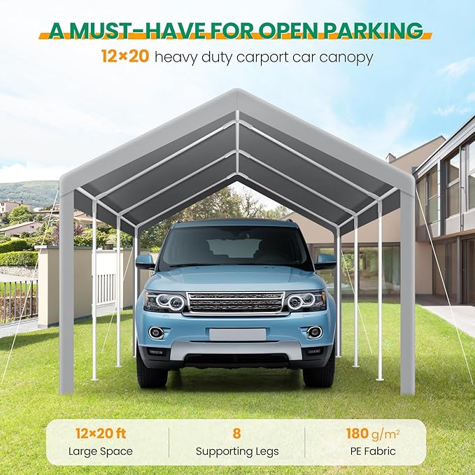 COBIZI Carport Canopy 12x20 Heavy Duty Car Tent Garage, Galvanized Frame Car Canopy Outdoor Shelter Waterproof & UV Protected with Built-in Sandbags & All-Season Tarp for Car Boat Truck, Gray