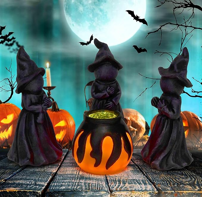Gift Boutique Halloween Miniature Witches Cauldron Figurine Set of 4 Resin Light Up Decor for Spooky Vintage Indoor Outdoor Table Decorations Supplies