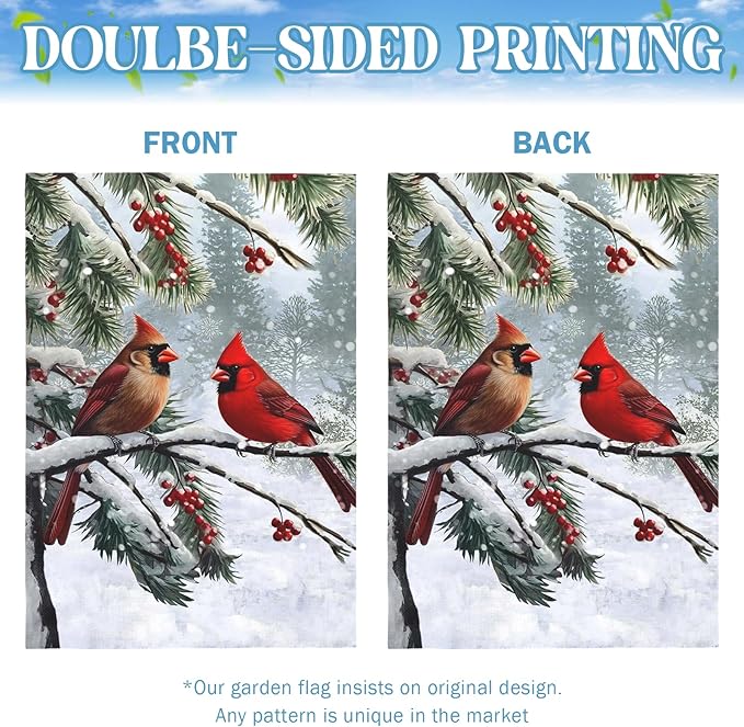 Winter Cardinal Bird Garden Flag Red Bird Pine Twigs Yard Flag Double Sided Polyester Holly Berry Snow Seasonal House Banner for Outdoor Farmhouse Christma Holiday Decor 28 x 40 Inch