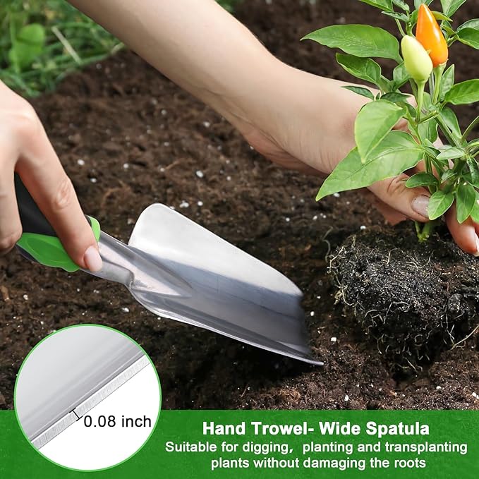 Garden Tools Set, 3 Pack Heavy Duty Gardening Tools Set Include Garden Shovel, Transplant Trowel and Hand Rake with Ergonomic Non-Slip Handle, Aluminum Alloy Lawn and Garden Hand Tools for Planting
