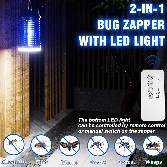 Remote Control Bug Zapper, Outdoor & Indoor Electric Mosquito Killer with LED Light, Waterproof Fly Trap & Insect Catcher, Plug-in Insect Repellent for Outside, Patio, Garage, Home, and Garden