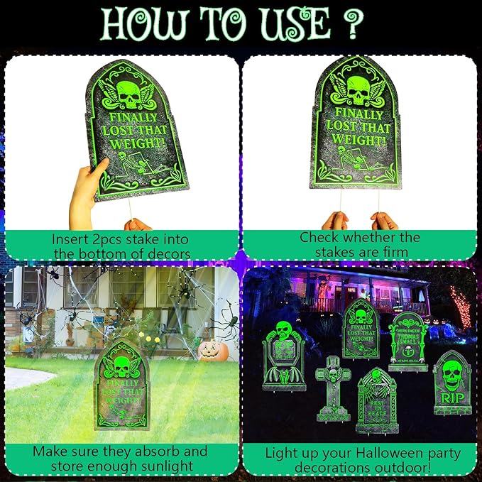 17”×10” Large Halloween Yard Decorations, 6 Pack Waterproof Glow in The Dark Tombstones, Outdoor Light Up Gravestones for Yard, Party, Home and School, Spooky Cemetery Halloween Decor