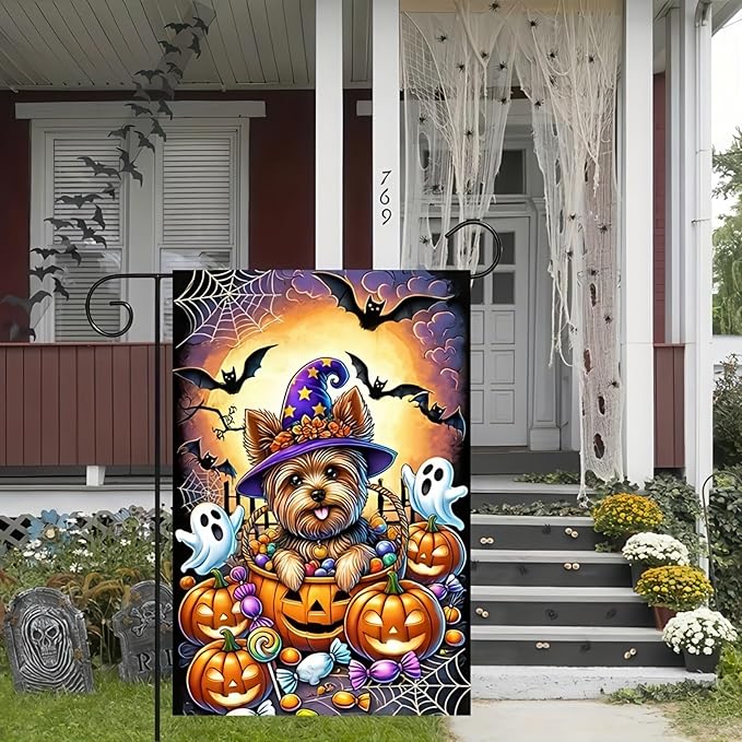 Halloween Garden Flag Double Sided 12x18 Flag Dog Ghosts Pumpkins Halloween Flag Yorkie Dog Witch Hat With Pumpkins Ghosts Bats Outdoor Halloween Decoration And Yard Lawn Banner
