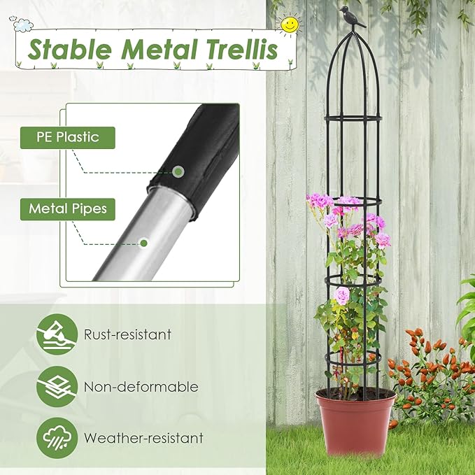 Happygrill Garden Trellis for Climbing Plants, 78” Tall Metal Obelisk Trellis w/Adjustable Height, Gloves, Cable Ties, 2 in 1 Plant Cages & Supports for Flowers, Vegetables, Vines Indoor Outdoor