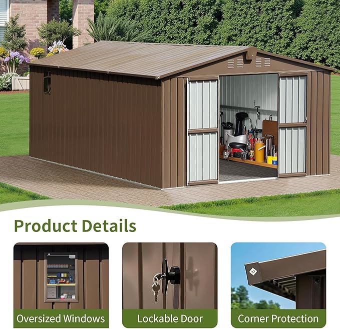 10x12 Ft Large Outdoor Storage Shed, Brown Metal Garden Outdoor Storage Workshop Shed with Lockable Doors, Windows, Air Vents, Waterproof for Backyard, Mower Storage, Backyard, Lawn, Patio