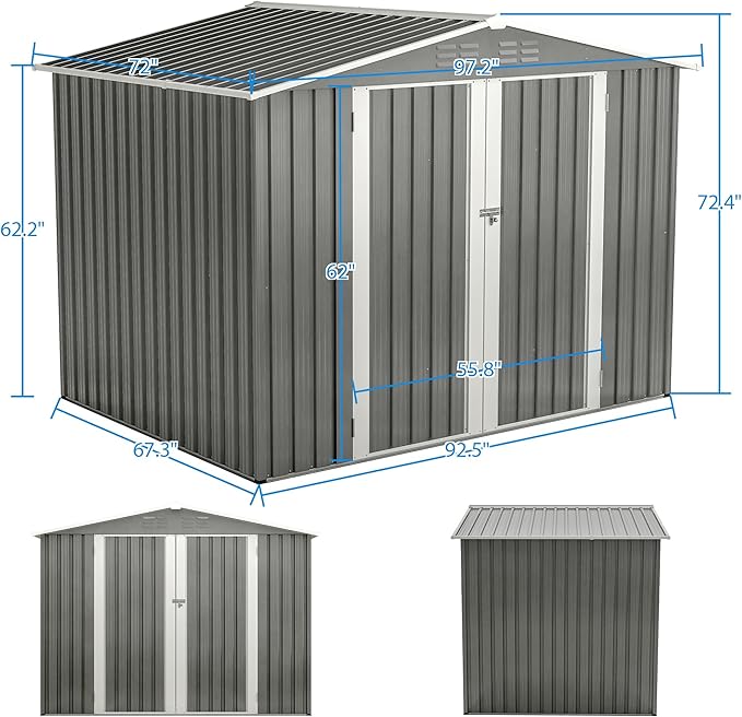 8x6 FT Outdoor Tool Storage Shed with Metal Foundation & Lockable Doors, All Weather Metal Sheds for Garden, Patio, Backyard, Lawn, Gray