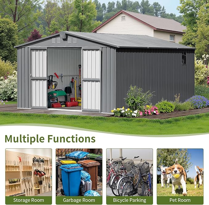 10x12 Ft Large Outdoor Storage Shed, Dark Grey Metal Garden Outdoor Storage Workshop Shed with Lockable Doors, Windows, Air Vents, Waterproof for Backyard, Mower Storage, Backyard, Lawn, Patio