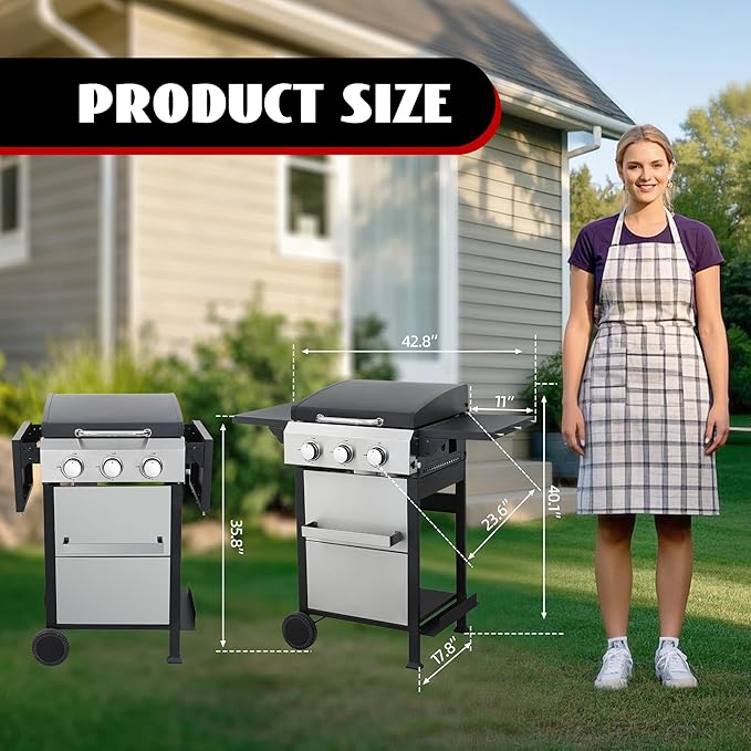 3-Burner Flat Top Propane Gas Grill Stainless Steel Griddle Combo with Foldable Side Table, 36,900 BTU Outdoor BBQ Grill, Porcelain-Enameled Cast Iron Grids, for Backyard, Patio Cooking