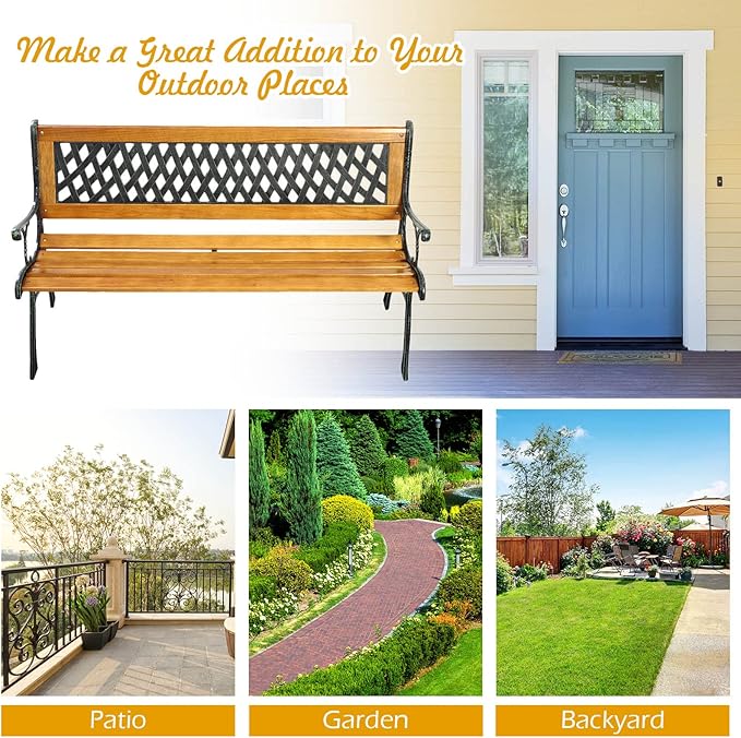 S AFSTAR Garden Bench, 2-3 Person Park Bench with Diamond Weaving Backrest, Pine Porch Bench, 470 LBS Bearing Capacity, Weather Proof Outdoor Bench for Backyard Deck Lawn Poolside