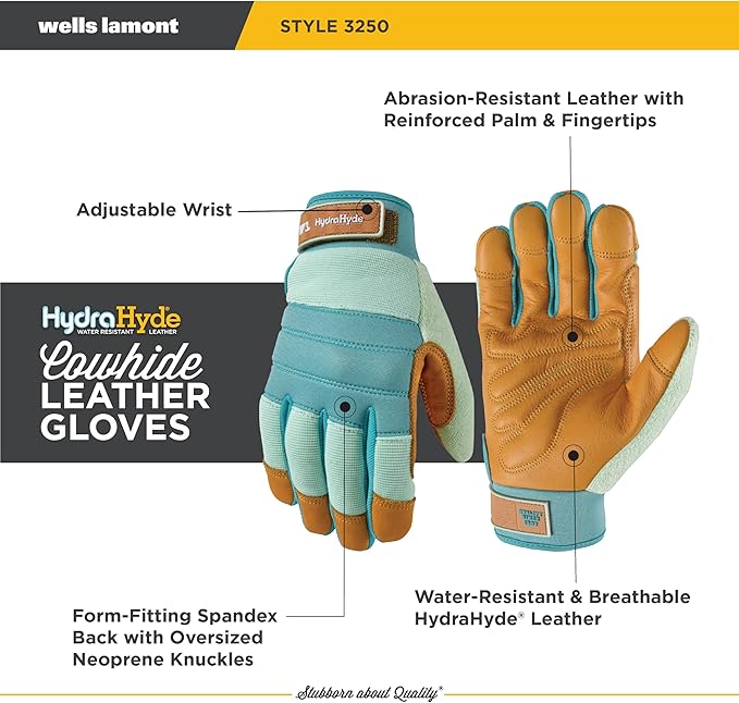 Wells Lamont Women's HydraHyde Water-Resistant Leather Palm Hybrid Work Gardening Gloves, Medium (Pack of 1) (3250M), Blue