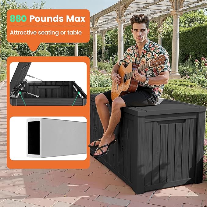 180 Gallon Outdoor Storage Box - Waterproof Resin Deck Box for Patio Cushions & Garden Tools - Lockable & Durable Outdoor Storage Bin - Sleek Black Design