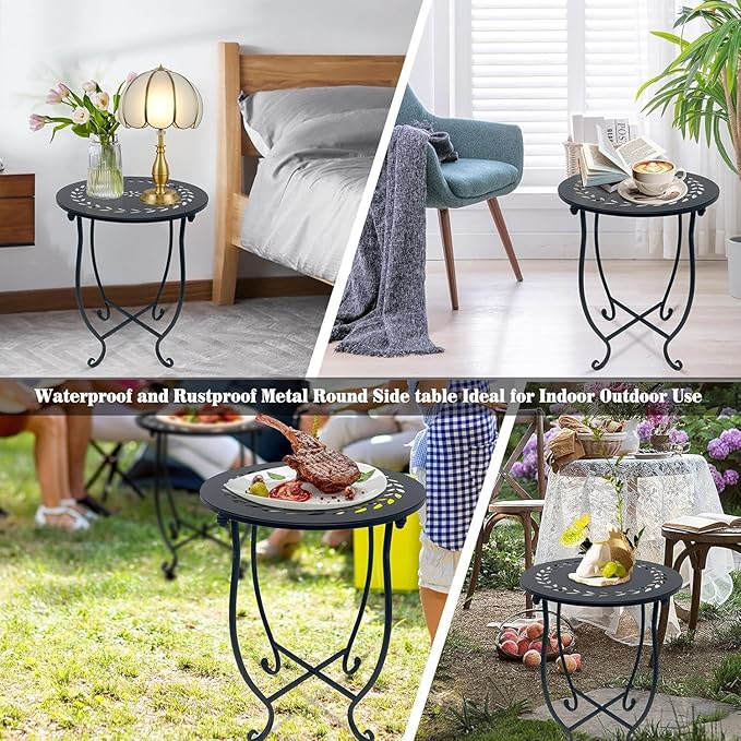 Metal Round Side Table, 2 Pack 14 Inch Bedside Table for Living Room, Weather Resistant Black Metal Outdoor Side Table for Patio Balcony Yard Porch Garden, Plant Stand for Indoor Outdoor Use
