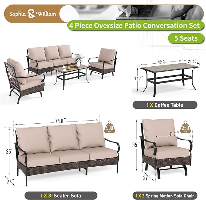 Sophia & William Metal Patio Furniture Set, 5 Seats Outdoor Conversation Set with 3-Seater Sofa, 2 Motion Chairs, 1 Coffee Table for Seating Lawn Porch Backyard,Beige