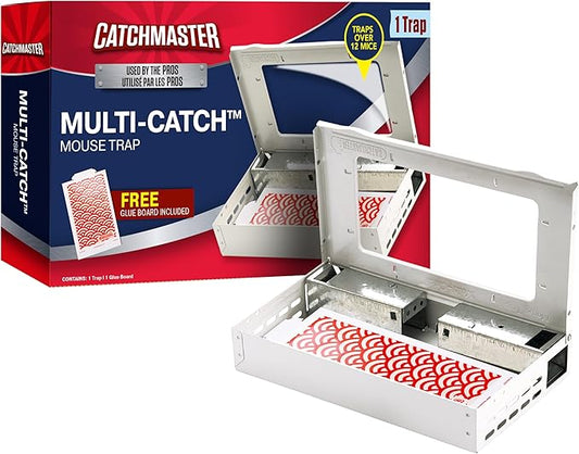 Catchmaster Pro Series Multi-Catch Mouse Trap, Humane Mouse Trap Indoor for Home, Includes 1 Replaceable Glue Board, Pet Safe Pest Control, Live Catch for Garage & Shed (White)