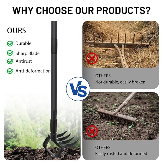 Garden Hoe Stirrup Hoe Weeding Tools, 2-in-1 Garden Hoe for Weeding with 62.6" Adjustable Handle, Heavy Duty Gardening Tools with 4 Tines for Weeding, Loosening, Digging and Cultivation