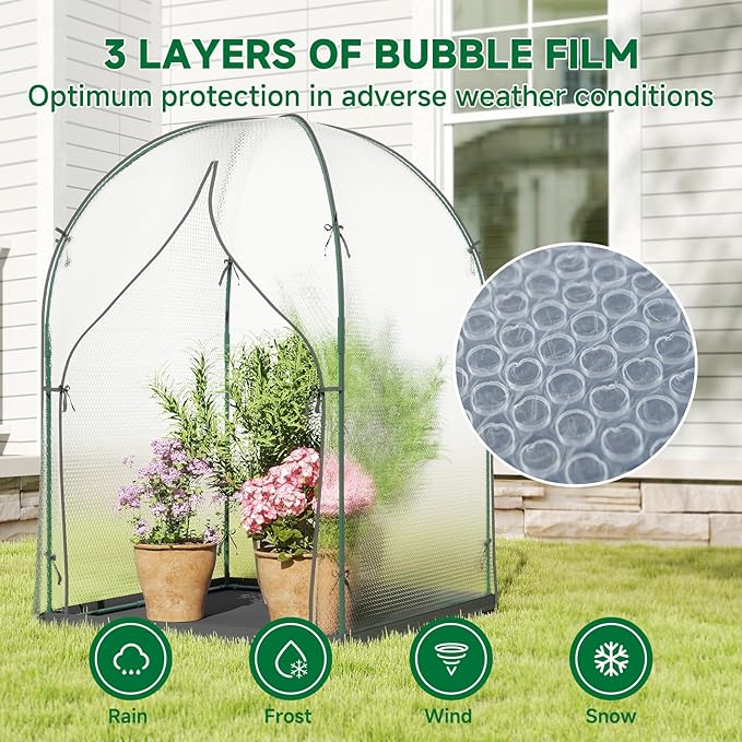 Portable Greenhouse for Outdoors, Green House Tent with Thick Bubble Film Cover, Ground Mat, Zippered Door Walk-in Mini Green House Kit for Outside, 47.2x47.2x71 Inch